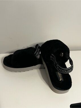 Koolaburra Black Plush Slide Sandals with Branded Elastic Heel